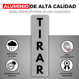 LEIASA | Señal Adhesiva Tirar Puerta - 5x18 cm - Grosor 0.8 mm - Aluminio - Rótulo de Instrucción Puerta - Signo Tirar - Cartel Adhesivo 3M - Indicación Uso Puerta - Tirar Puerta