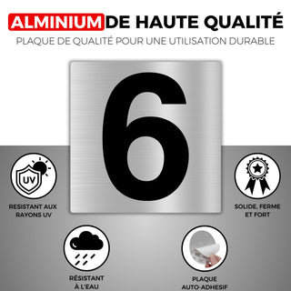 LEIASA | Numéro Autocollant Maison - 10x10 cm - Aluminium - N° 6 - Num