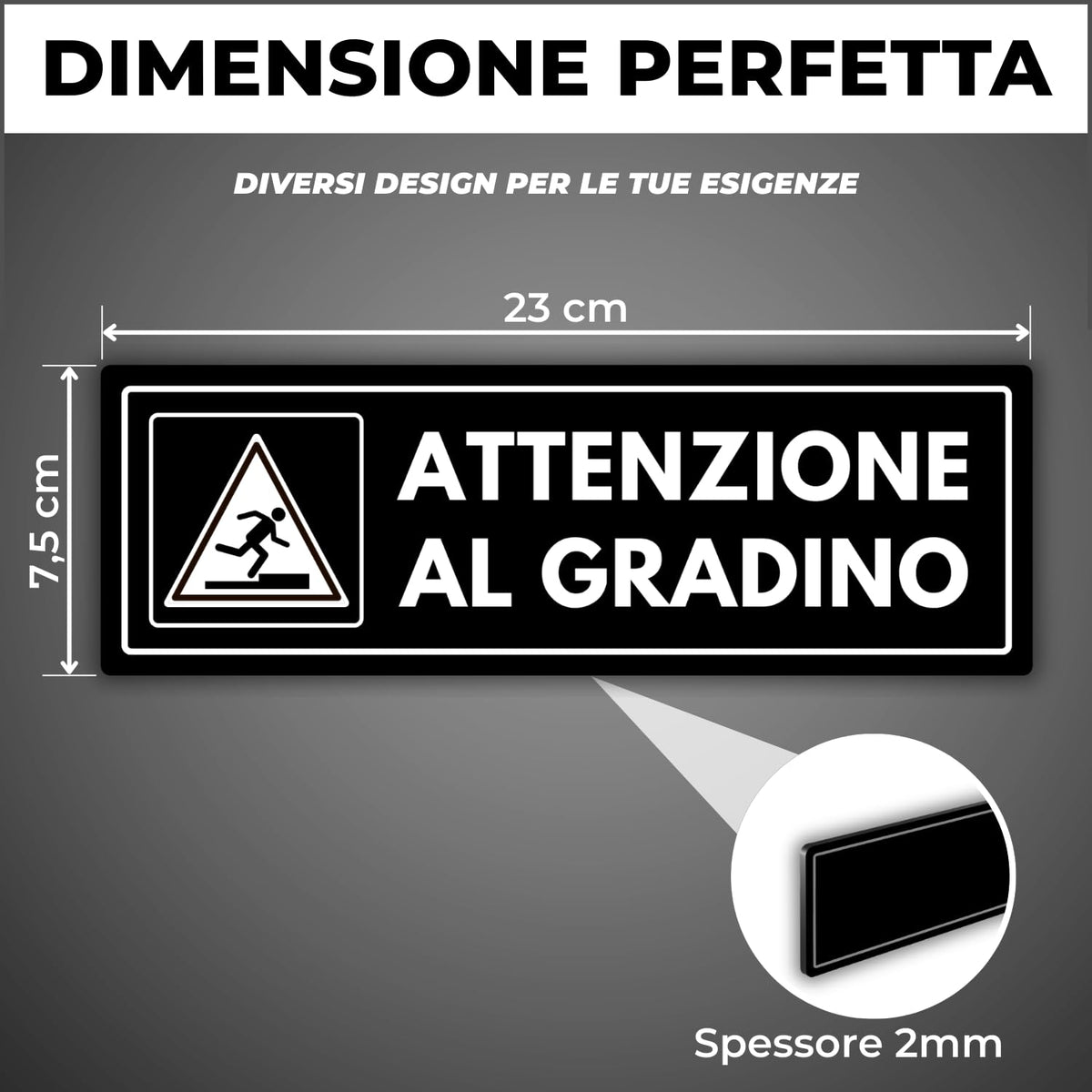 LEIASA | Segnale Attenzione Gradino - 7,5 x 23 cm - Spessore 2 mm - Ac