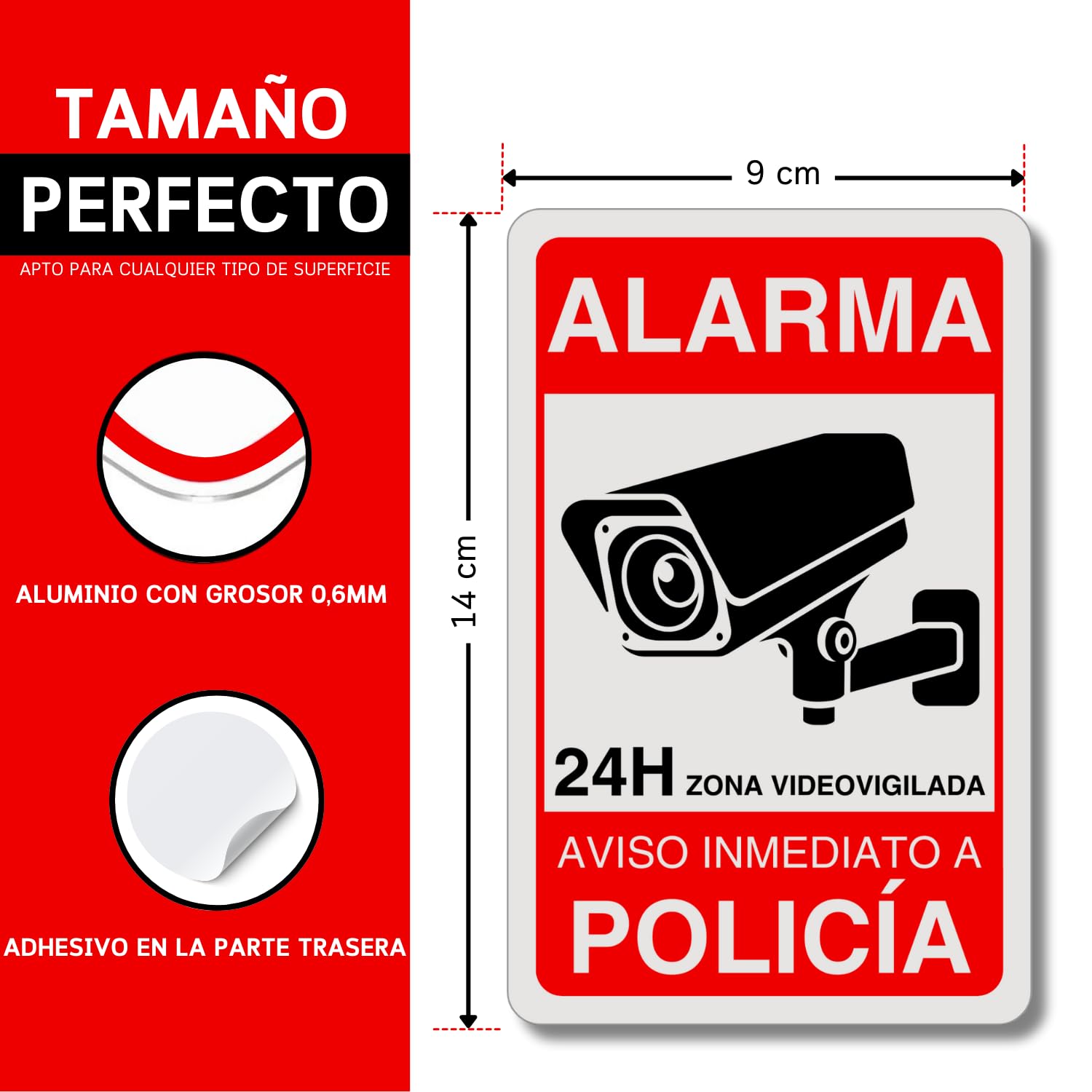 LEIASA | Cartel Videovigilancia - 9x14 cm - Reflectante - Fabricado Aluminio - Grosor 0.6 mm - Cartel Zona Videovigilada - Entrada Vigilada - Policia