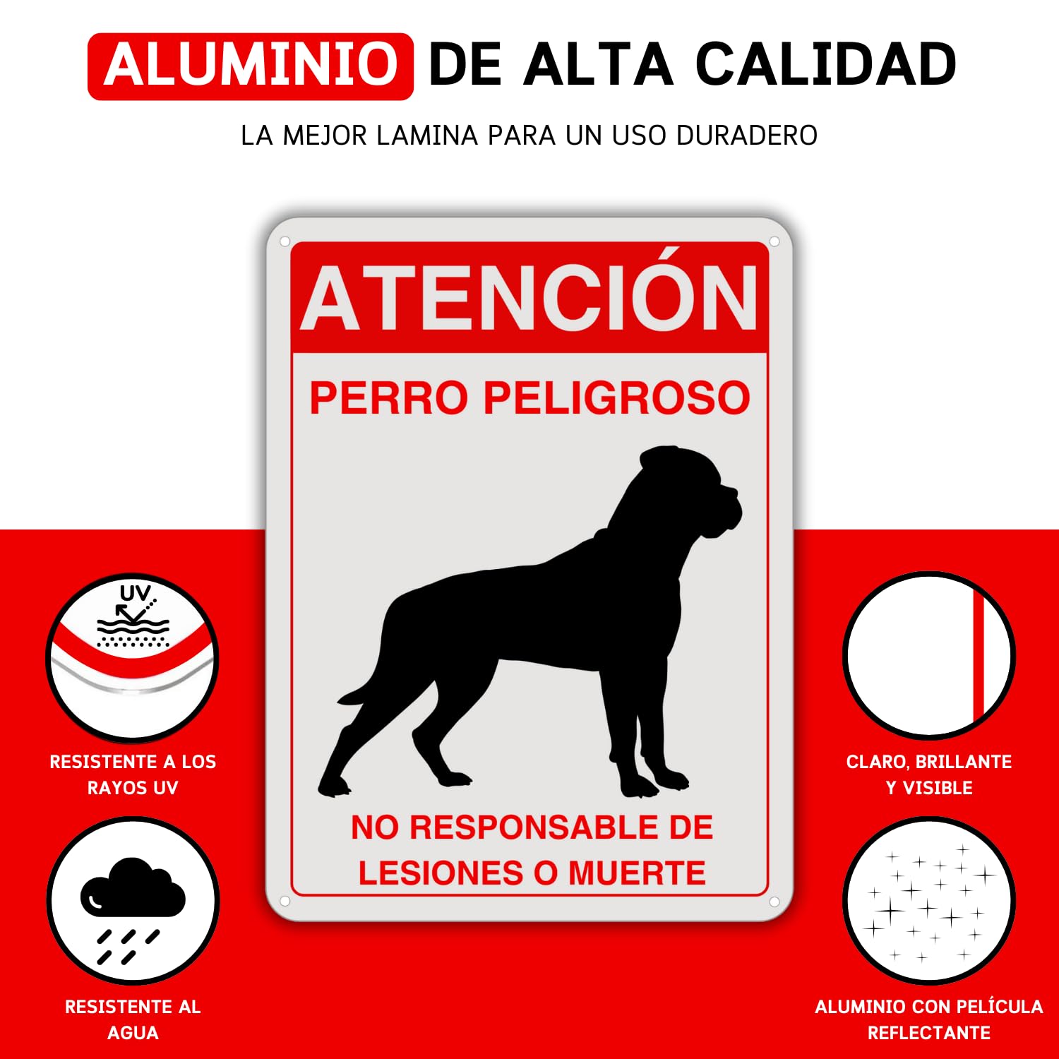 LEIASA Cartel Perro Peligroso - 21x28 cm - Aluminio Reflectante - Grosor 0,8 mm - Letrero Cuidado Perros - Resistente Exterior - Impresión UV - Señal Cuidado con Perro - Placa para Perros