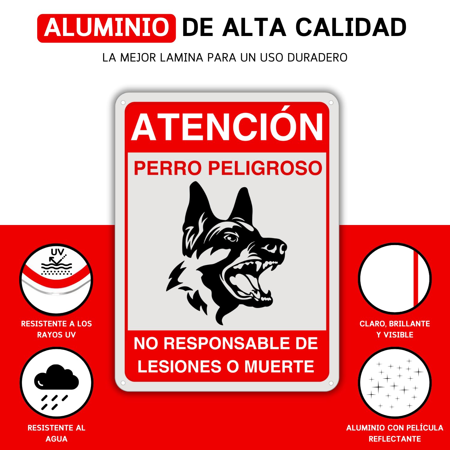 LEIASA | Cartel Perro Peligroso - 21x28 cm - Aluminio Reflectante - Grosor 0.8 mm - Señal Cuidado Perros - Apto Exterior e Interior - Impresión UV - Letrero Cuidado Perro - No Responsable Lesiones