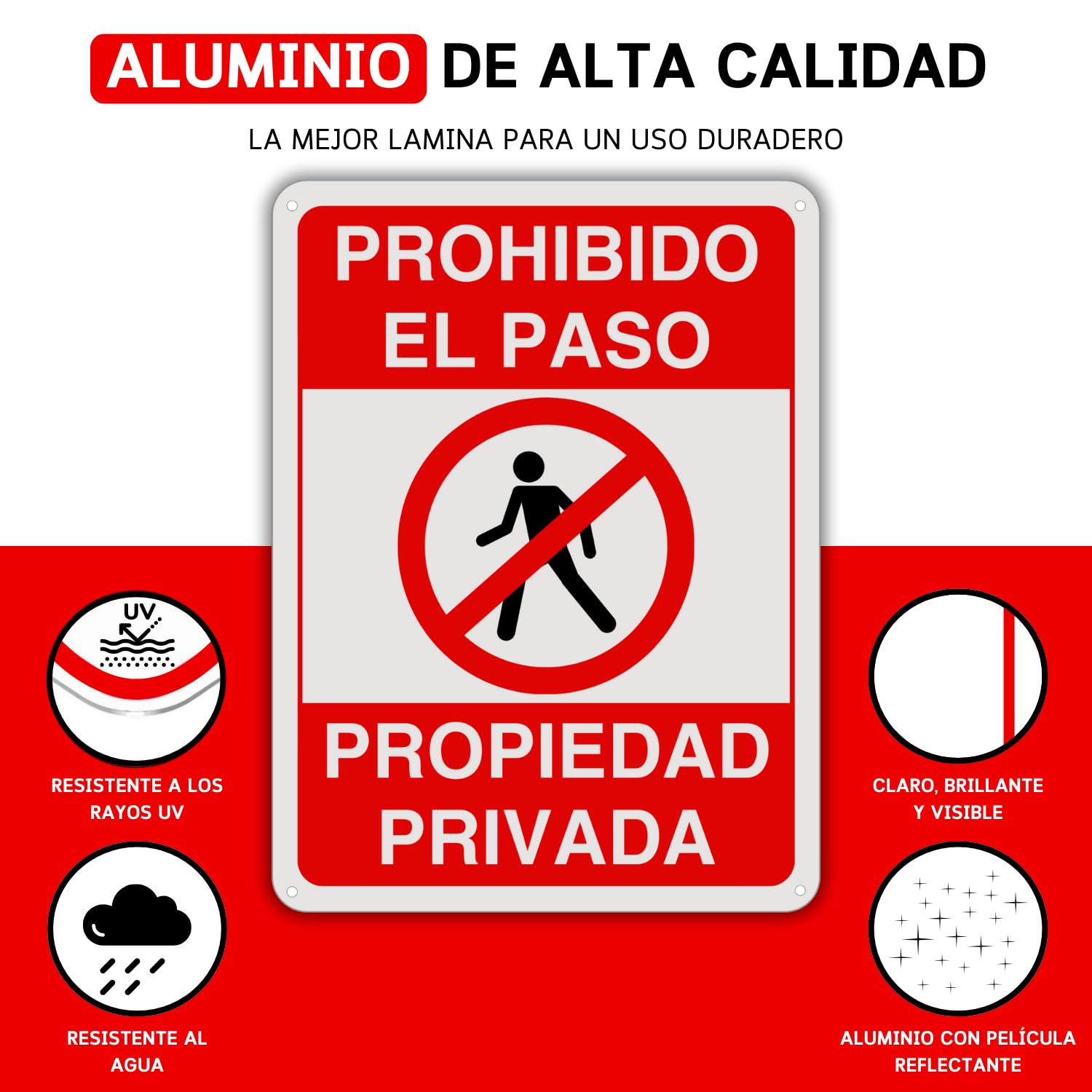 LEIASA Cartel Prohibido el Paso - 21x28 cm - Aluminio Reflectante - Grosor 0.8 mm - Cartel Propiedad Privada - Resistente Exterior - Impresión UV - Señal Disuasión Prohibido Paso