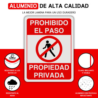LEIASA Cartel Prohibido el Paso - 21x28 cm - Aluminio Reflectante - Grosor 0.8 mm - Cartel Propiedad Privada - Resistente Exterior - Impresión UV - Señal Disuasión Prohibido Paso