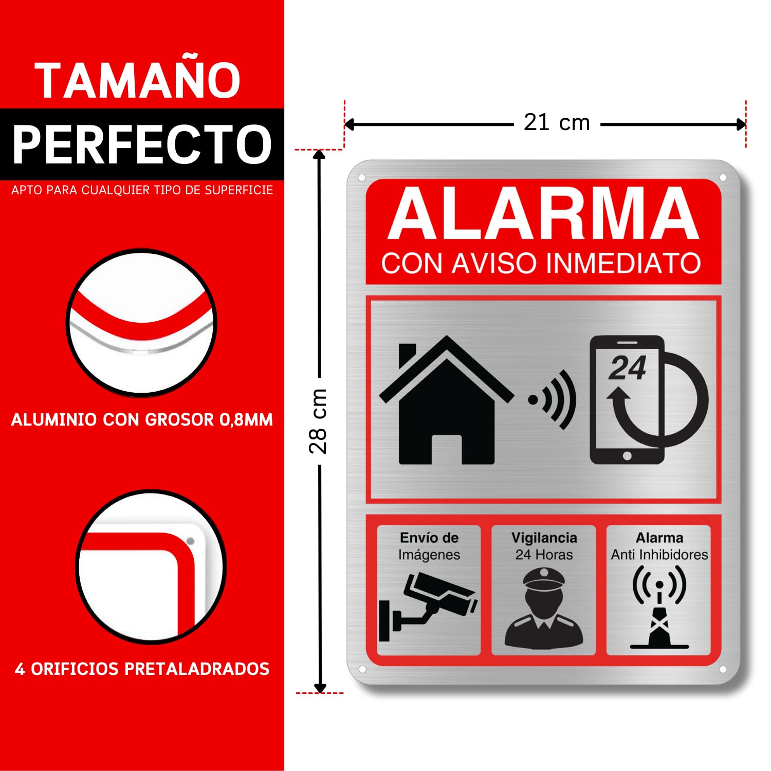 LEIASA | Cartel Videovigilancia - 21x28 cm - Aluminio - Grosor 0.8 mm - Señal Zona Videovigilada - Impresión UV - Cartel Alarma - Señal Videovigilancia homologado 21x28
