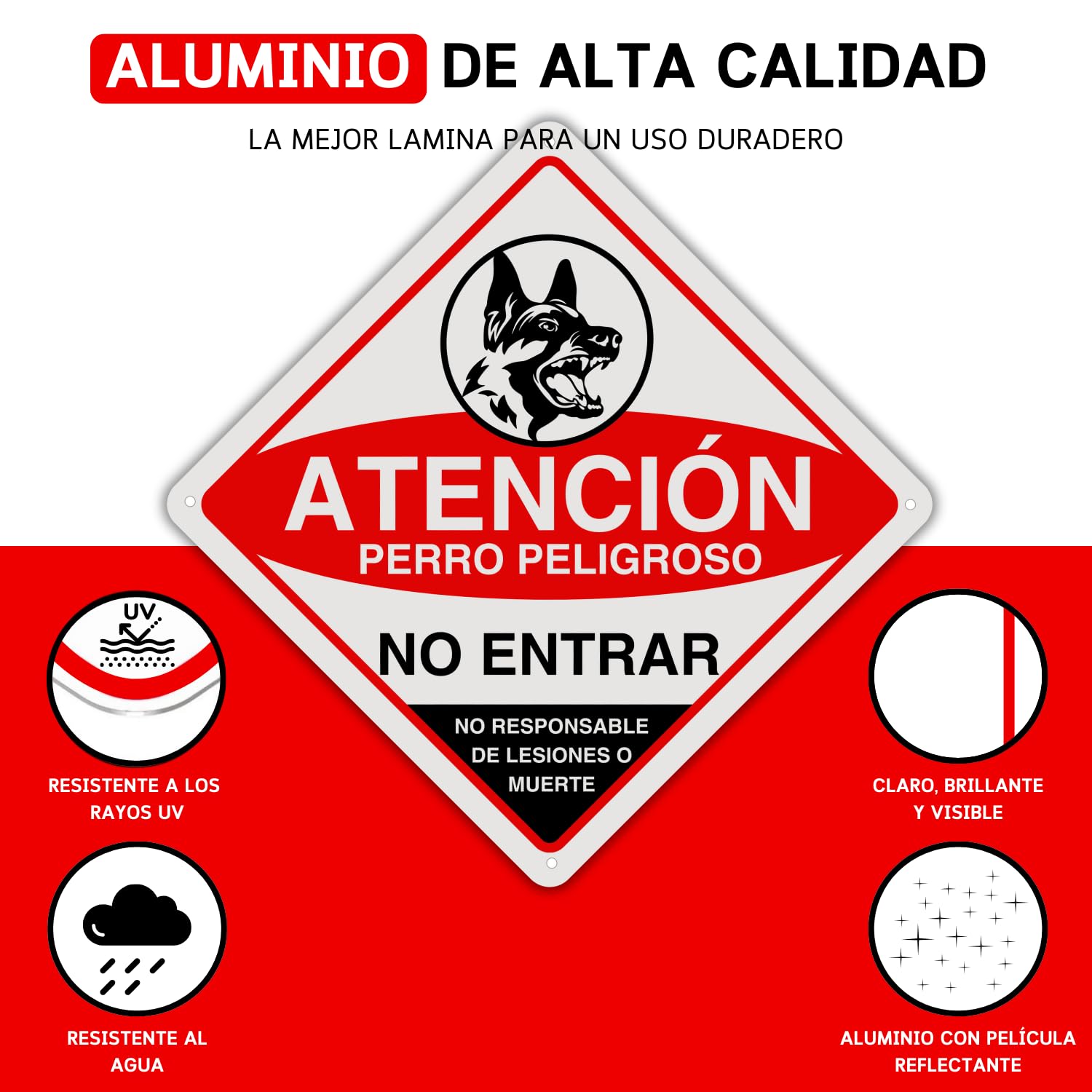 LEIASA | Cartel Perro Peligroso - 21x21 cm - Aluminio Reflectante - Grosor 0.8 mm - Señal Cuidado Perros - Apto Exterior - Impresión UV - Señal Aviso Perros - Placa Cuidado con el Perro