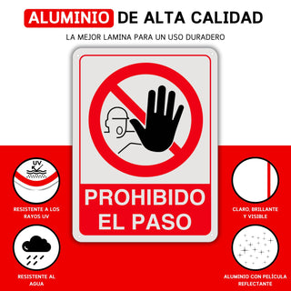 LEIASA | Señal Prohibido el Paso - 21x28 cm - Grosor 0.8 mm - Aluminio Reflectante - Cartel Propiedad Privada - Resistente Exterior - Impresión UV - Cartel Prohibido el Paso