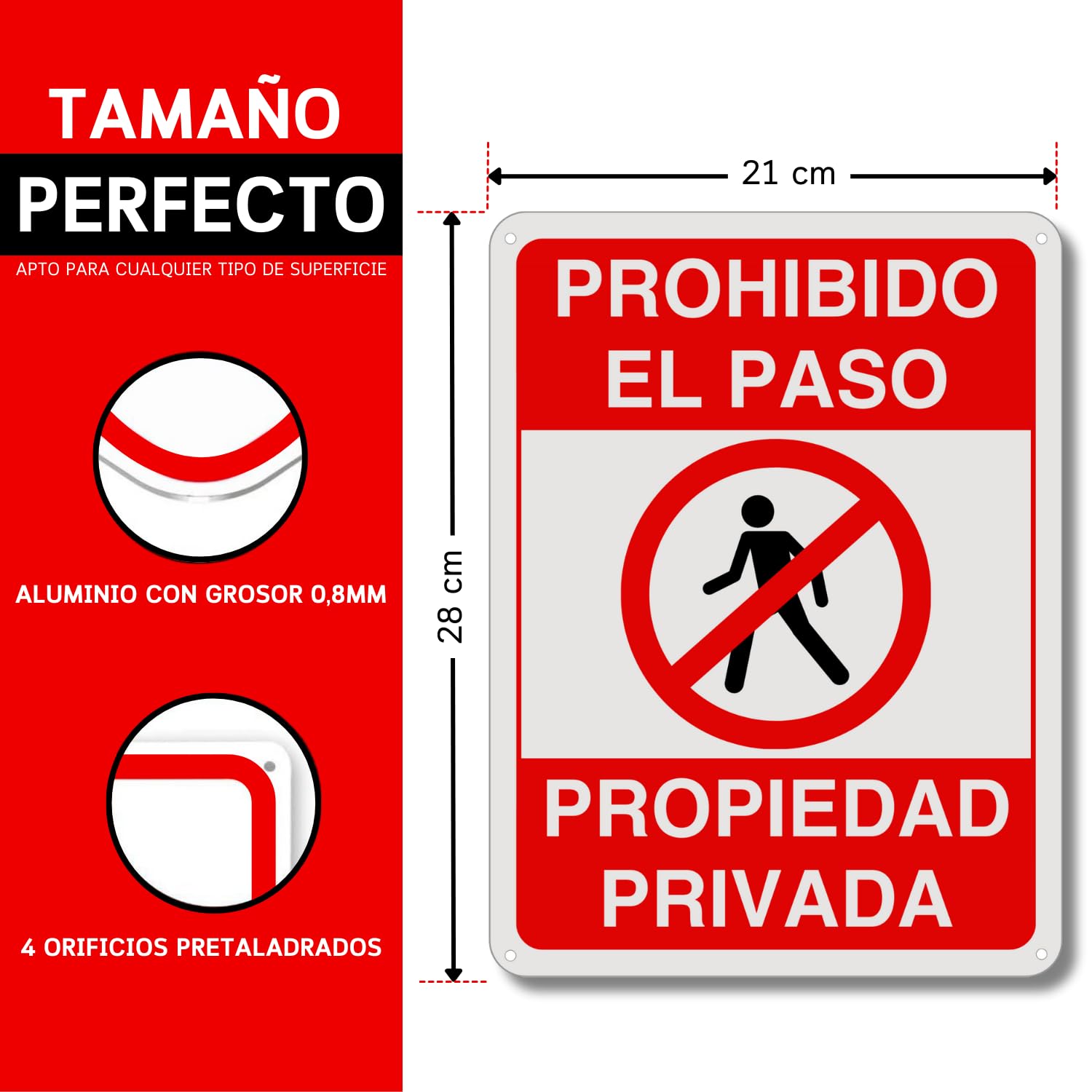 LEIASA Cartel Prohibido el Paso - 21x28 cm - Aluminio Reflectante - Grosor 0.8 mm - Cartel Propiedad Privada - Resistente Exterior - Impresión UV - Señal Disuasión Prohibido Paso