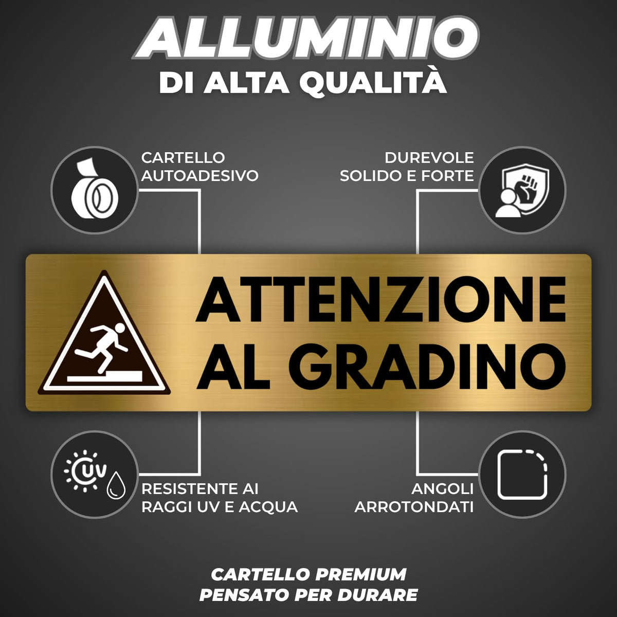 LEIASA | Segnale Attenzione al Gradino - 5x18 cm - Alluminio - Cartell