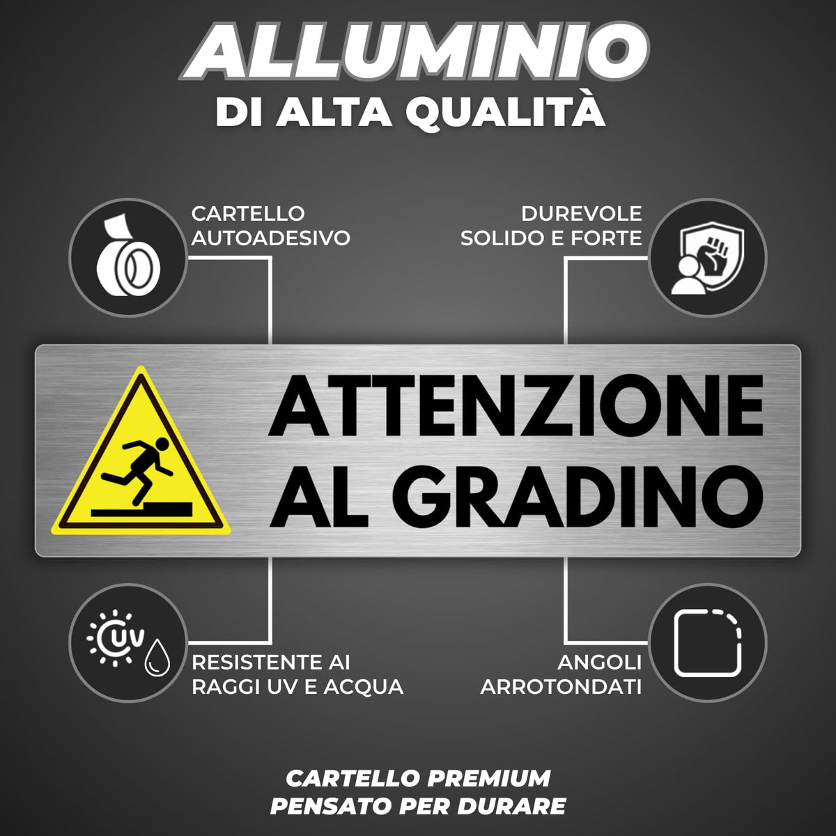 LEIASA | Segnale adesivo Attenzione Gradino - 5x18 cm - Spessore 0,8 m