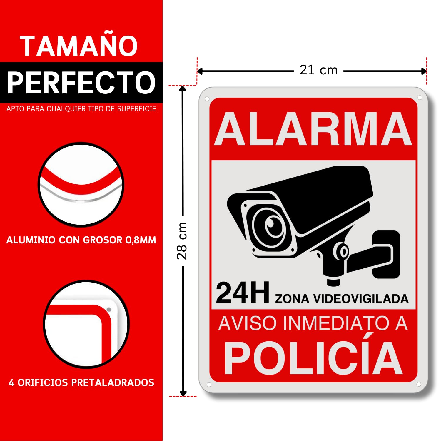 LEIASA | Cartel Videovigilancia - 21x28 cm - Reflectante - Fabricado Aluminio - Grosor 0.8 mm - Zona Videovigilada - Entrada Vigilada - Señal Alarma Disuasoria - Cartel Aviso Policia