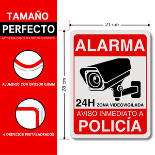 LEIASA | Cartel Videovigilancia - 21x28 cm - Reflectante - Fabricado Aluminio - Grosor 0.8 mm - Zona Videovigilada - Entrada Vigilada - Señal Alarma Disuasoria - Cartel Aviso Policia