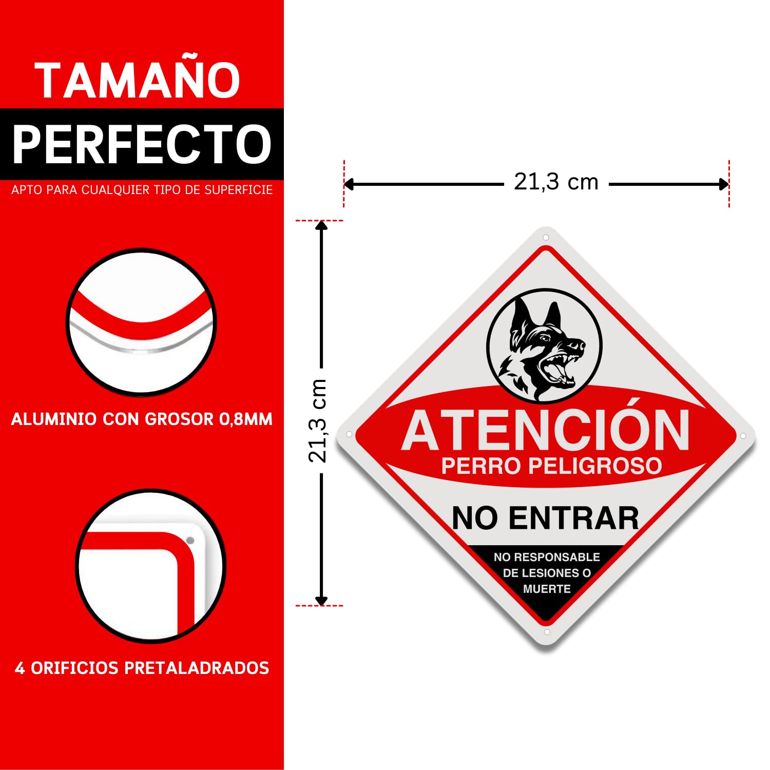 LEIASA | Cartel Perro Peligroso - 21x21 cm - Aluminio Reflectante - Grosor 0.8 mm - Señal Cuidado Perros - Apto Exterior - Impresión UV - Señal Aviso Perros - Placa Cuidado con el Perro