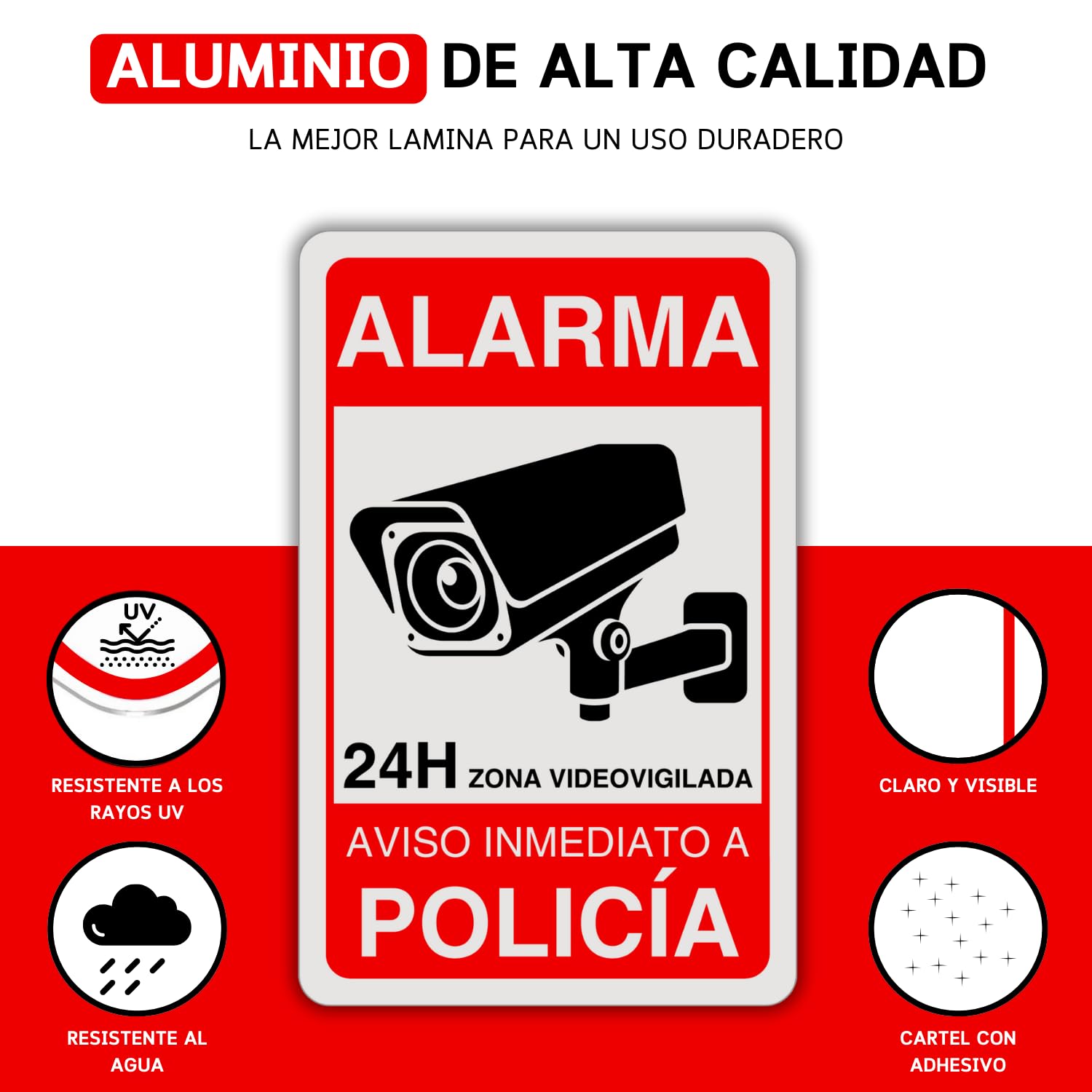 LEIASA | Cartel Videovigilancia - 9x14 cm - Reflectante - Fabricado Aluminio - Grosor 0.6 mm - Cartel Zona Videovigilada - Entrada Vigilada - Policia