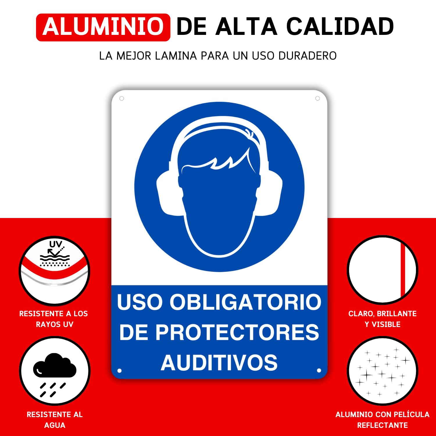 LEIASA | Cartel Uso Obligatorio Protectores Auditivos - 21x28 cm - Aluminio - Grosor 0.8 mm - Señal Uso Protectores Auditivos - Apto Exterior e Interior - Impresión UV (Uso Obligatorio Auditivo)