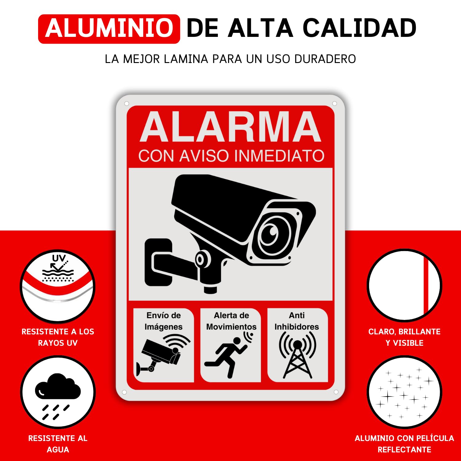 LEIASA Cartel Zona Videovigilada - 21x28 cm - Aluminio - Reflectante - Grosor 0,8 mm - Cartel Videovigilancia - Impresión UV - Resistente Exterior - Señal Alarma Disuasorio - Señal Cámara Vigilancia