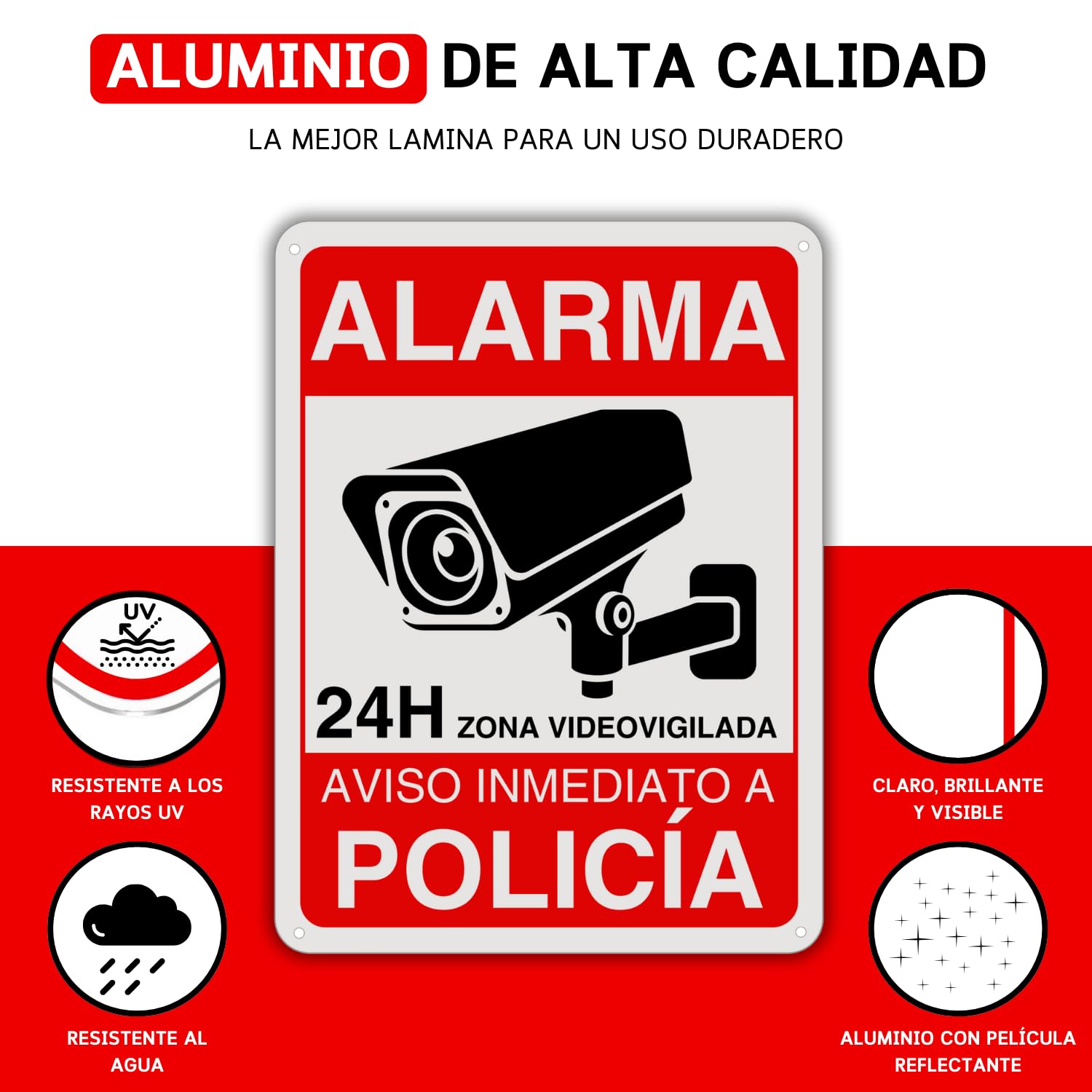 LEIASA | Cartel Videovigilancia - 21x28 cm - Reflectante - Fabricado Aluminio - Grosor 0.8 mm - Zona Videovigilada - Entrada Vigilada - Señal Alarma Disuasoria - Cartel Aviso Policia