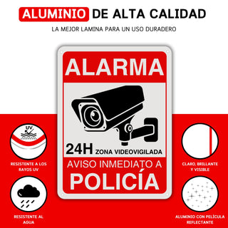 LEIASA | Cartel Videovigilancia - 21x28 cm - Reflectante - Fabricado Aluminio - Grosor 0.8 mm - Zona Videovigilada - Entrada Vigilada - Señal Alarma Disuasoria - Cartel Aviso Policia