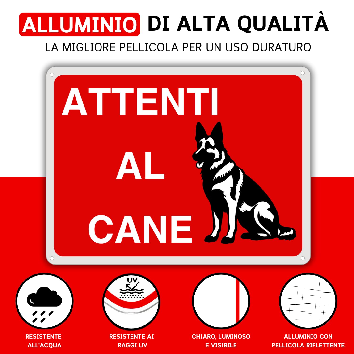 LEIASA : Segnale di pericolo per i cani - 21x21 cm - Alluminio riflett