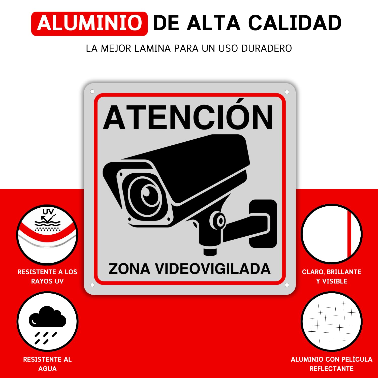 LEIASA Cartel Zona Videovigilada - 21x21 cm - Aluminio - Reflectante - Grosor 0.8 mm - Cartel Videovigilancia - Impresión UV - Resistente Exterior - Señal Alarma Disuasorio - Senal Cámara Vigilancia