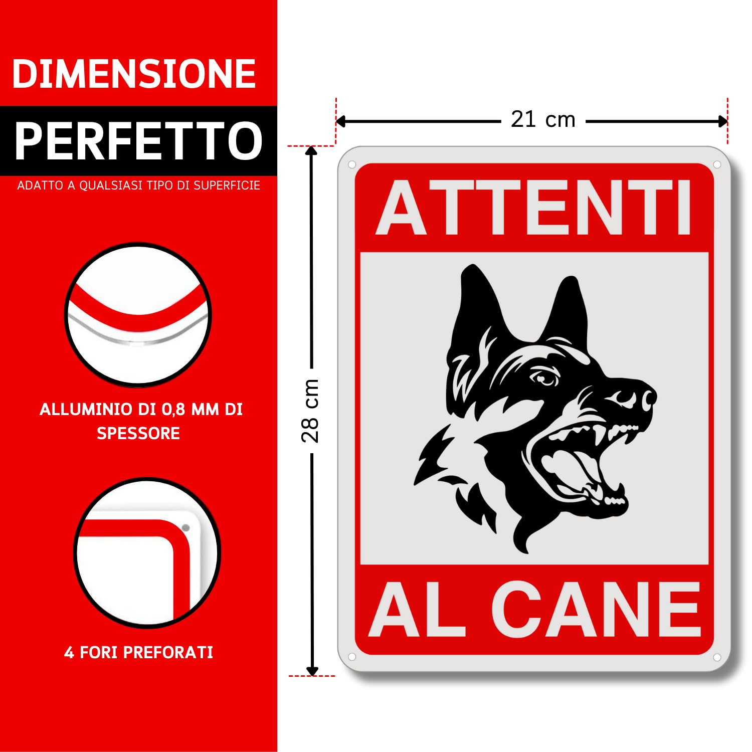 LEIASA : Segnale di pericolo per i cani - 21x21 cm - Alluminio riflett