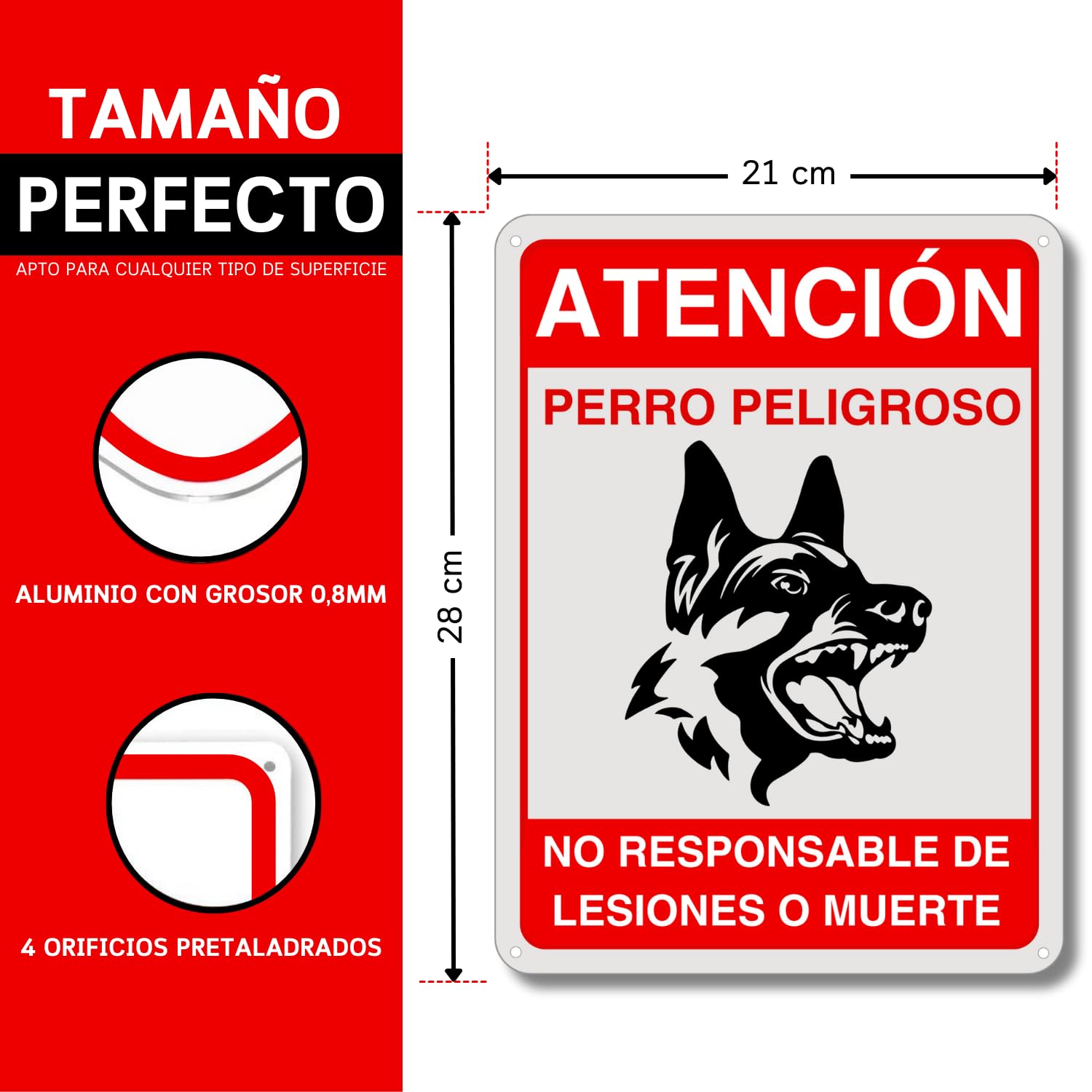 LEIASA | Cartel Perro Peligroso - 21x28 cm - Aluminio Reflectante - Grosor 0.8 mm - Señal Cuidado Perros - Apto Exterior e Interior - Impresión UV - Letrero Cuidado Perro - No Responsable Lesiones