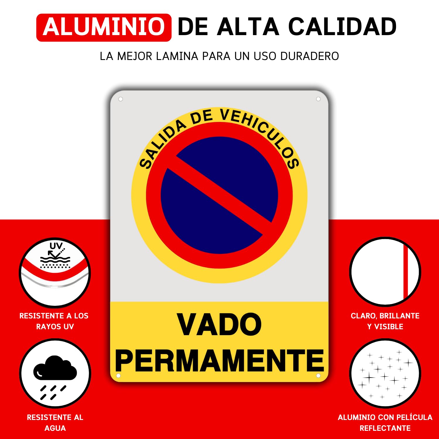 LEIASA Cartel Vado Permamente - 21x28 cm - Aluminio Reflectante - Grosor 0.8 mm - Resistente Exterior - Impresión UV - Señal Prohibido Aparcar - Llamamos Grúa - Metal Duradero (Vado Permamente)