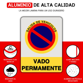 LEIASA Cartel Vado Permamente - 21x28 cm - Aluminio Reflectante - Grosor 0.8 mm - Resistente Exterior - Impresión UV - Señal Prohibido Aparcar - Llamamos Grúa - Metal Duradero (Vado Permamente)