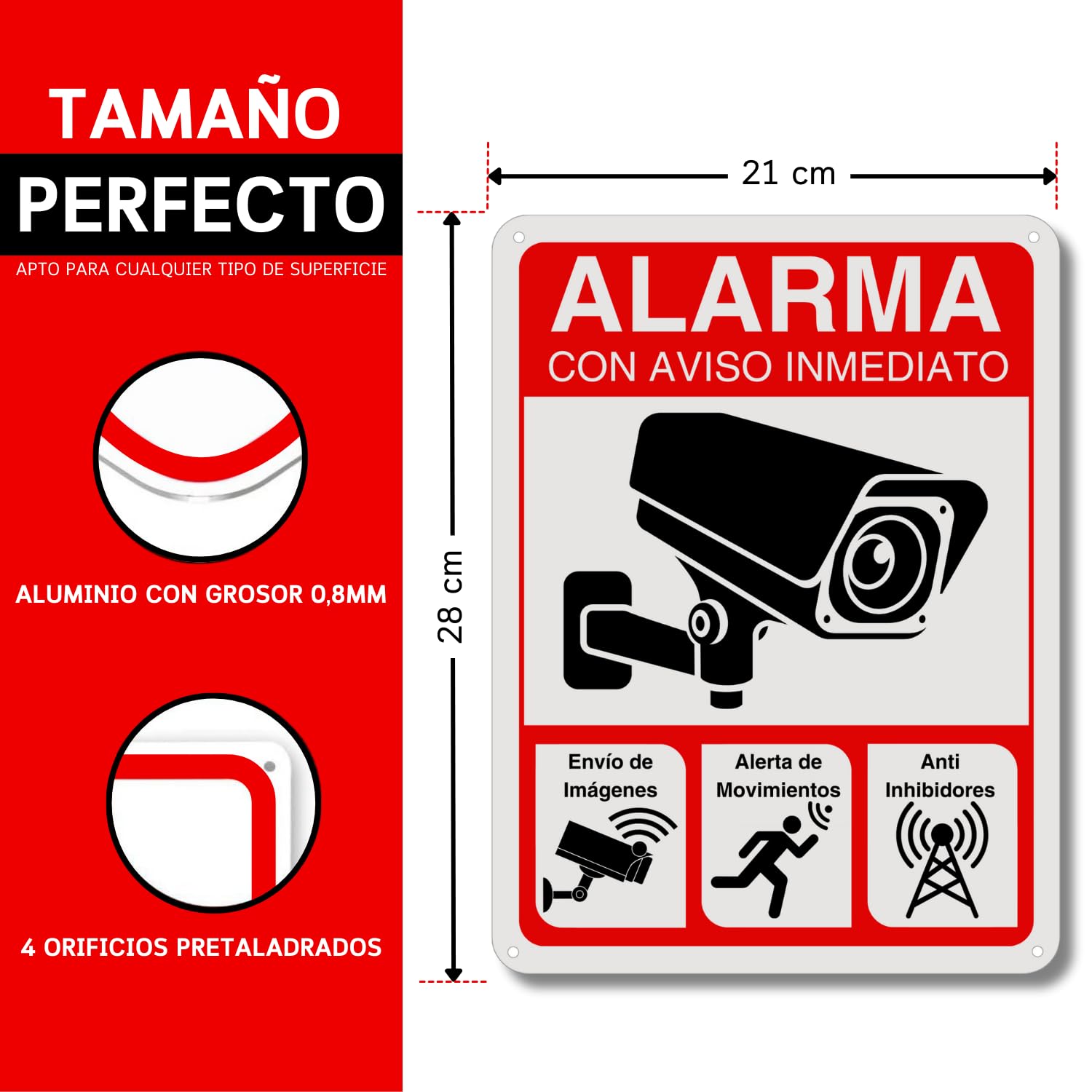 LEIASA Cartel Zona Videovigilada - 21x28 cm - Aluminio - Reflectante - Grosor 0,8 mm - Cartel Videovigilancia - Impresión UV - Resistente Exterior - Señal Alarma Disuasorio - Señal Cámara Vigilancia