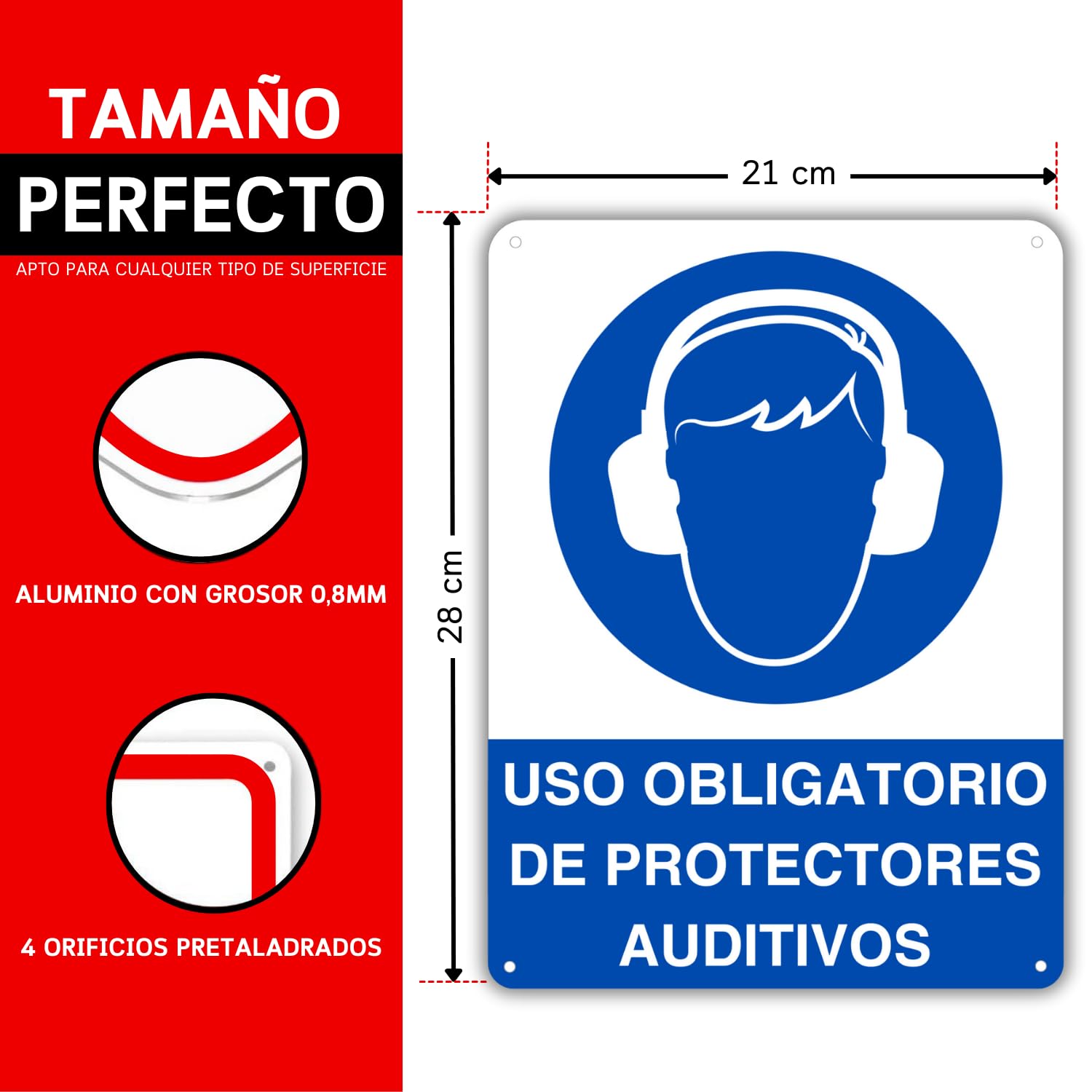 LEIASA | Cartel Uso Obligatorio Protectores Auditivos - 21x28 cm - Aluminio - Grosor 0.8 mm - Señal Uso Protectores Auditivos - Apto Exterior e Interior - Impresión UV (Uso Obligatorio Auditivo)