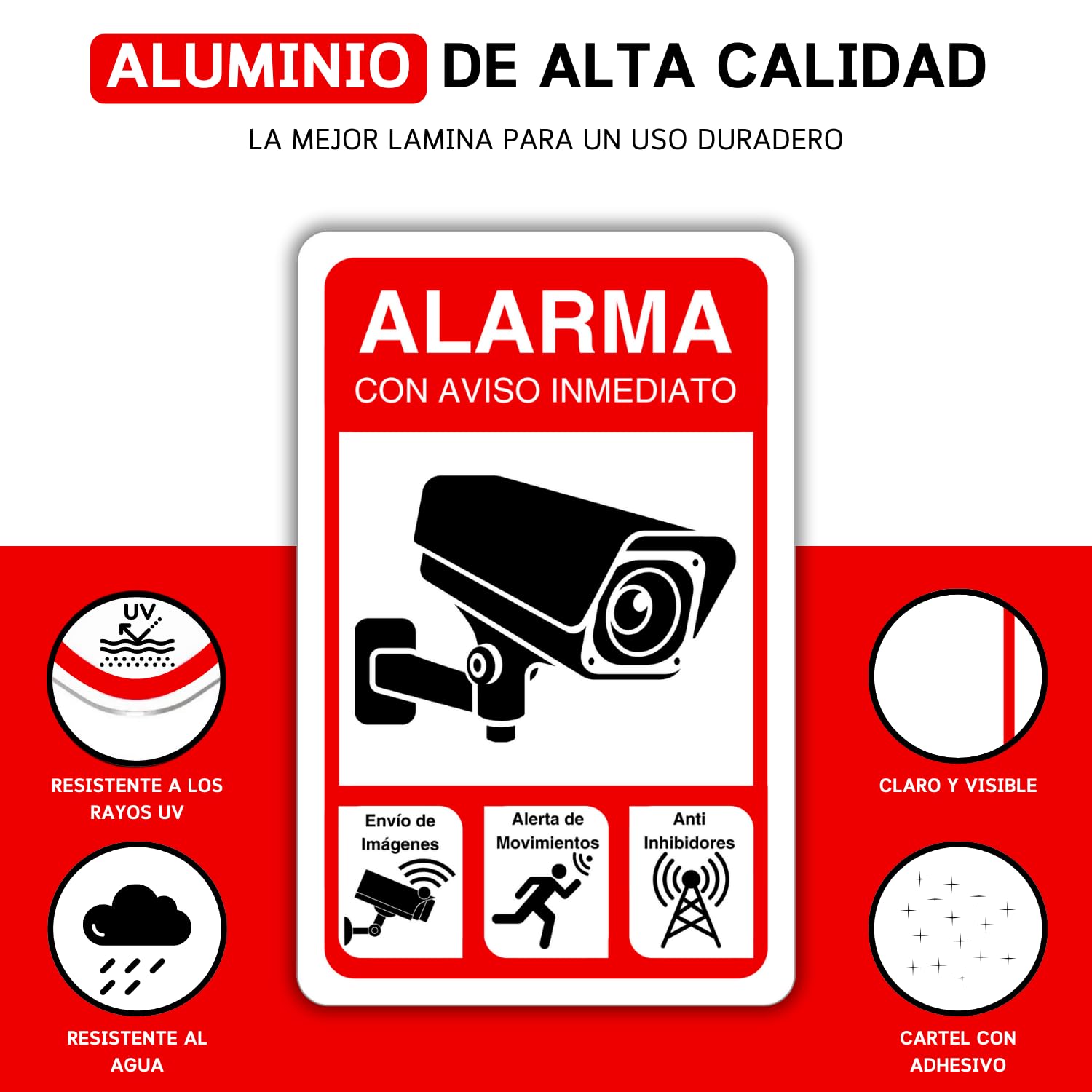 LEIASA Cartel Zona Videovigilada - 9x14 cm - Aluminio Reflectante - Placa Adhesiva - Grosor 0,6 mm - Cartel Videovigilancia - Impresión UV - Resistente Exterior - Señal Alarma Disuasorio