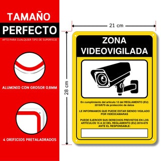 LEIASA | Panneau Vidéosurveillance - 21x28 cm - Aluminium - Zone Surve