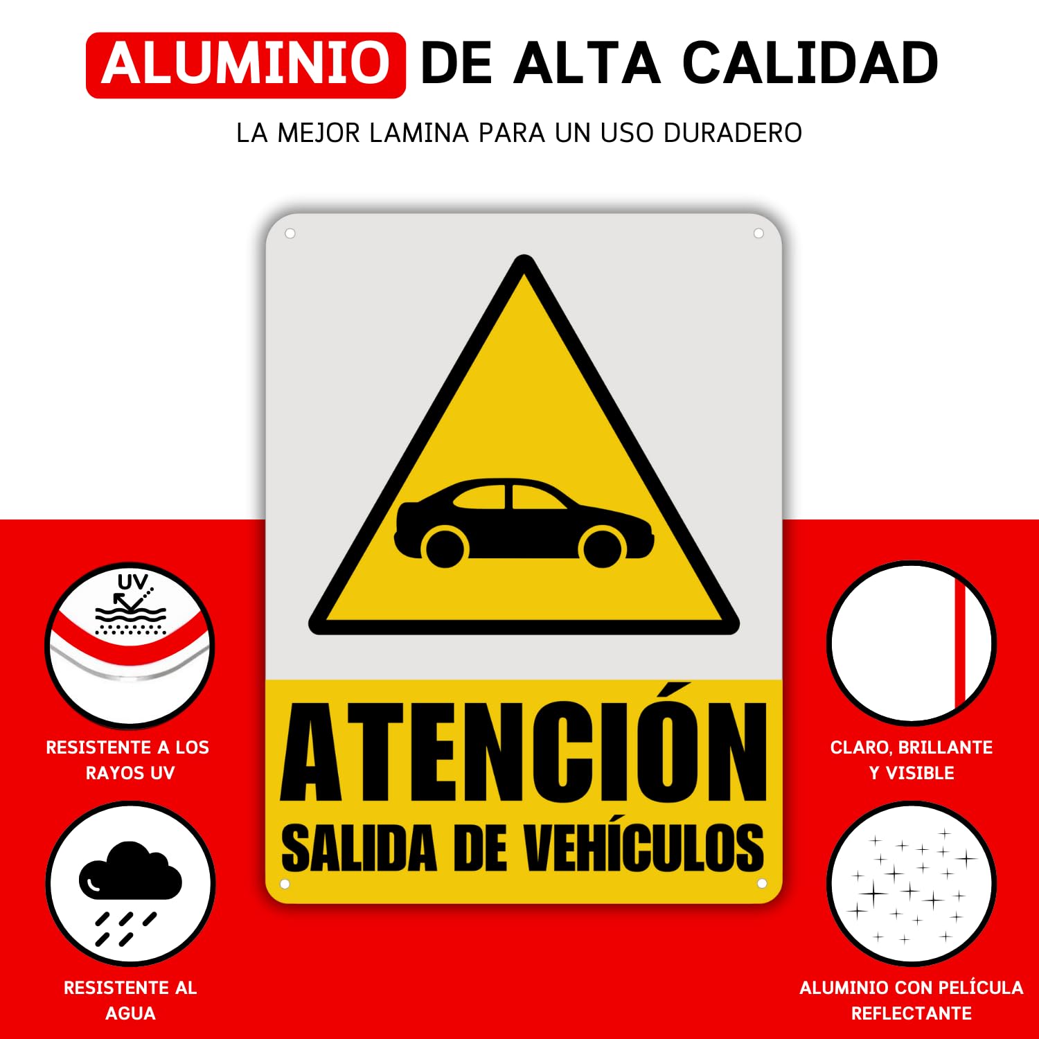 LEIASA Cartel Salida Vehículos - 21x28 cm - Aluminio - Reflectante - Grosor 0.8 mm - Señal Salida Vehículos - Impresión UV - Resistente Exterior