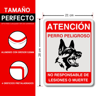 Cartel Perro Peligroso No Responsable Lesiones: material premium resistente a rayos UV y agua