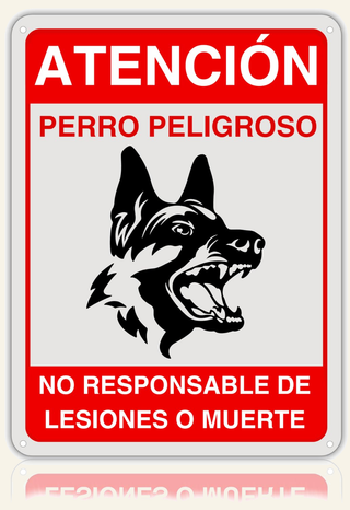 Cartel Perro Peligroso No Responsable Lesiones de aluminio reflectante, 21x28 cm