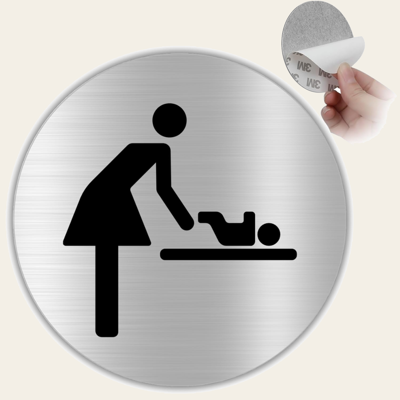 LEIASA | Señal Adhesiva WC Mujer con Bebe - Aluminio - Grosor 0.6 mm - Diámetro Ø 100 mm - Señalización De Baños - Señal Aseos - Signo Baño - Cartel adhesivo WC Mujer con Bebe