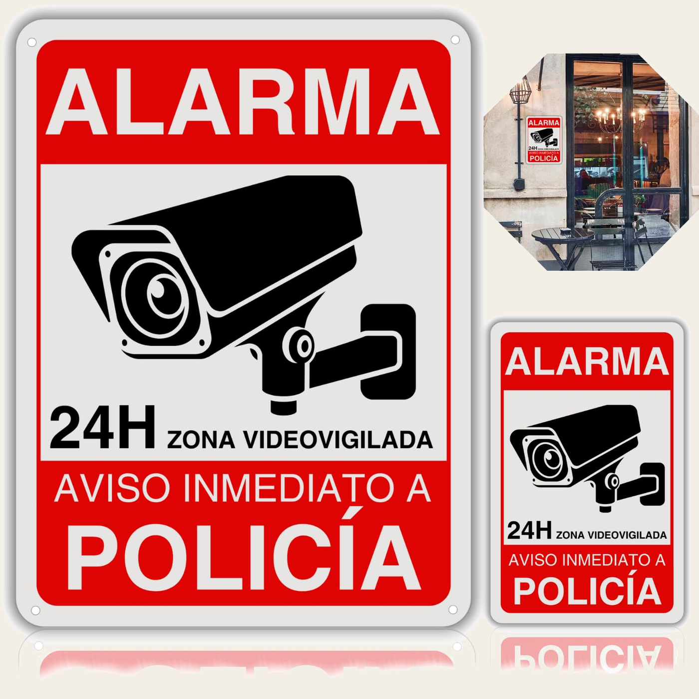 LEIASA | Pack Cartel Videovigilancia - 21x28 cm y 9x14 cm - Reflectante - Fabricado Aluminio - Grosor 0.8 mm - Cartel Zona Videovigilada - Entrada Vigilada (SET Carteles videovigilancia)
