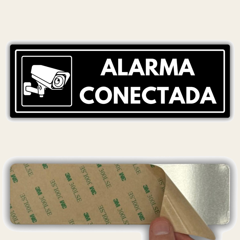 LEIASA | Señal Alarma Conectada - 7,5 x 23 cm - Grosor 2 mm - Acrílico - Placa Adhesiva - Cartel Alarma - Rótulo Disuasorio - (Alarma Conectada)