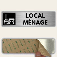 LEIASA | Panneau Local Ménage - 5x18 cm - Aluminium - Pancarte Local d'Entretien - Plaque Salle de Nettoyage - Signe Réserve Ménage - Avis Produits Entretien - Épaisseur 0,8 mm - (Local Menage)