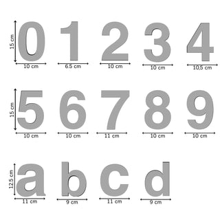 Número 7 Adhesivo: tabla de tamaños de números y letras disponibles