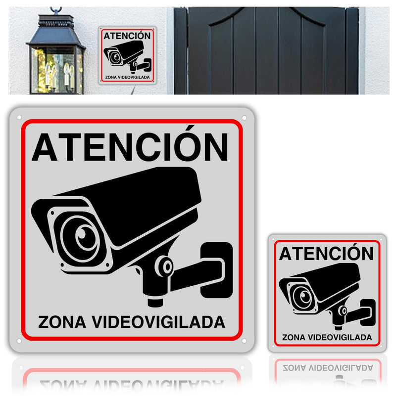Pack 2 Carteles Zona Videovigilada de aluminio reflectante, 21x21 cm y 10x10 cm
