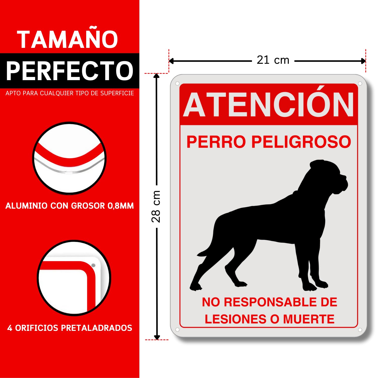 LEIASA Cartel Perro Peligroso - 21x28 cm - Aluminio Reflectante - Grosor 0,8 mm - Letrero Cuidado Perros - Resistente Exterior - Impresión UV - Señal Cuidado con Perro - Placa para Perros