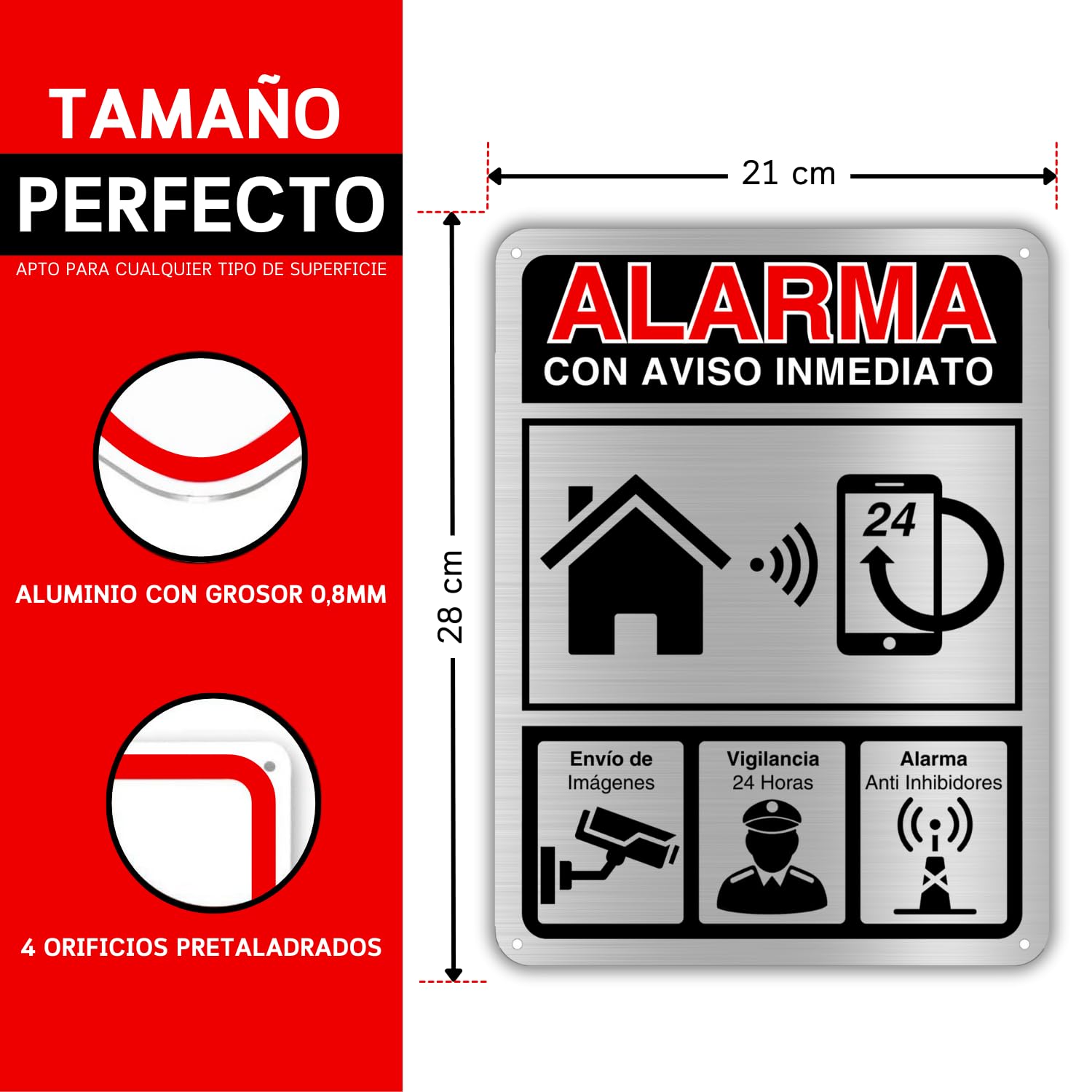 Cartel Videovigilancia - 21x28 cm - Aluminio - Grosor 0.8 mm - Señal Zona Videovigilada - Impresión UV - Señal de Videovigilancia - Zona Video Vigilada - Alarma (Cartel Videovigilancia 21x28)