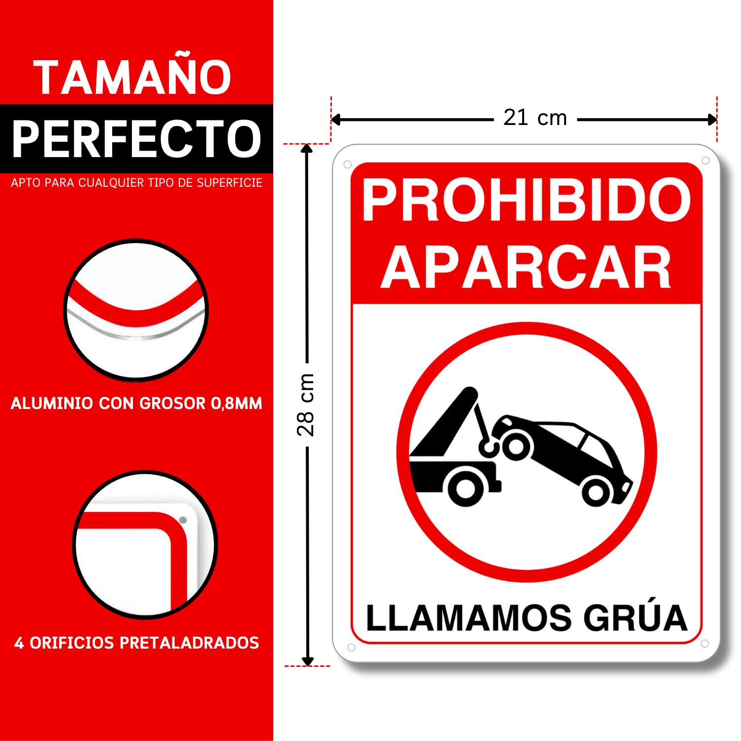 LEIASA Cartel Prohibido Aparcar - 21x28 cm - Aluminio Reflectante - Grosor 0.8 mm - Resistente Exterior - Impresión UV - Señal Prohibido Aparcar - Llamamos Grúa - Metal Duradero
