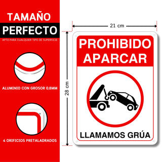 LEIASA Cartel Prohibido Aparcar - 21x28 cm - Aluminio Reflectante - Grosor 0.8 mm - Resistente Exterior - Impresión UV - Señal Prohibido Aparcar - Llamamos Grúa - Metal Duradero