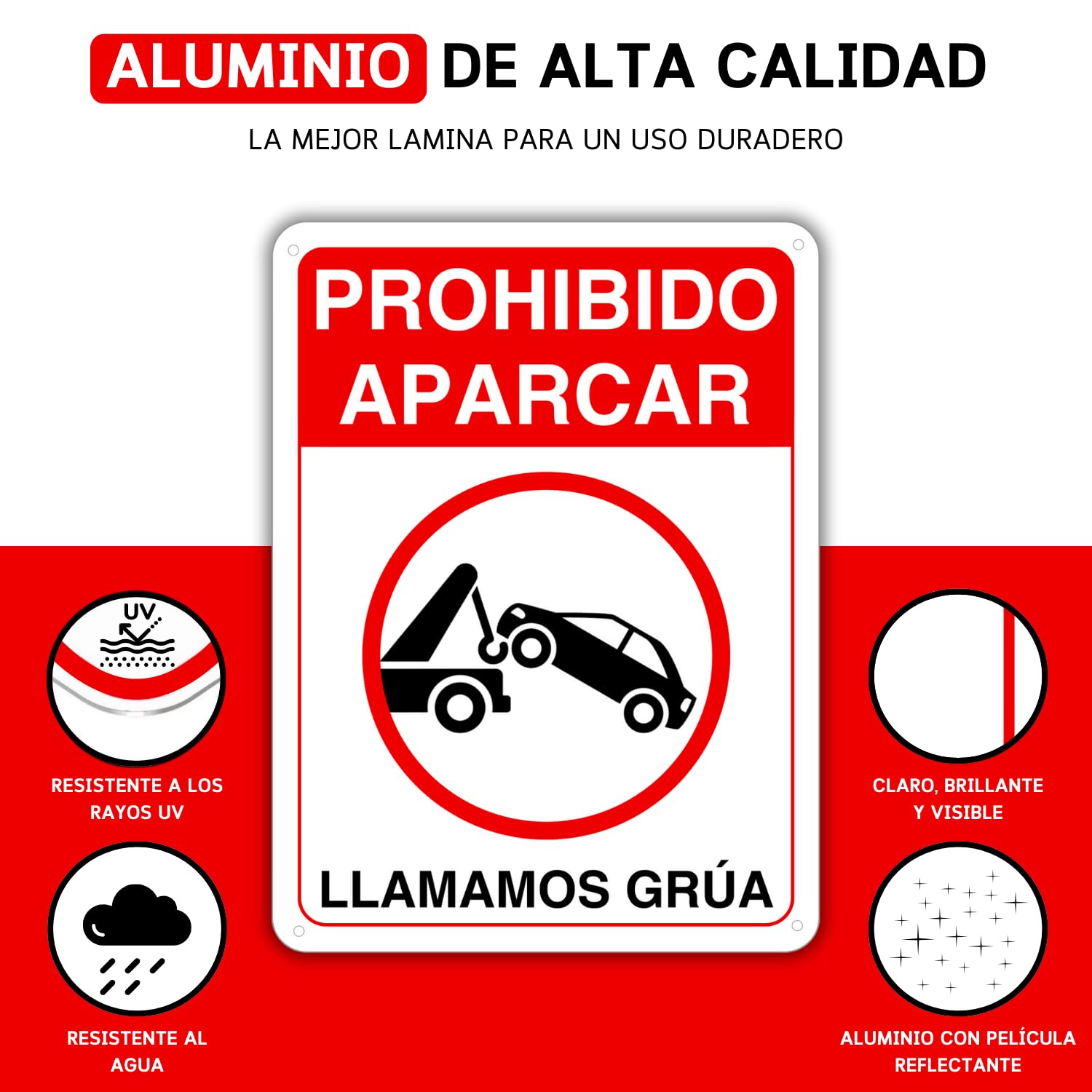 LEIASA Cartel Prohibido Aparcar - 21x28 cm - Aluminio Reflectante - Grosor 0.8 mm - Resistente Exterior - Impresión UV - Señal Prohibido Aparcar - Llamamos Grúa - Metal Duradero