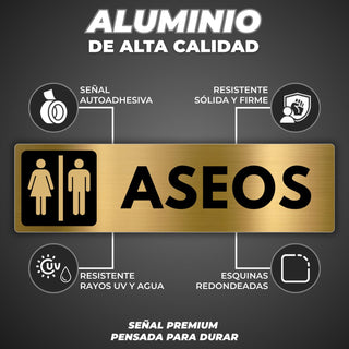 Señal Aseos Mixtos: material premium resistente a rayos UV y agua