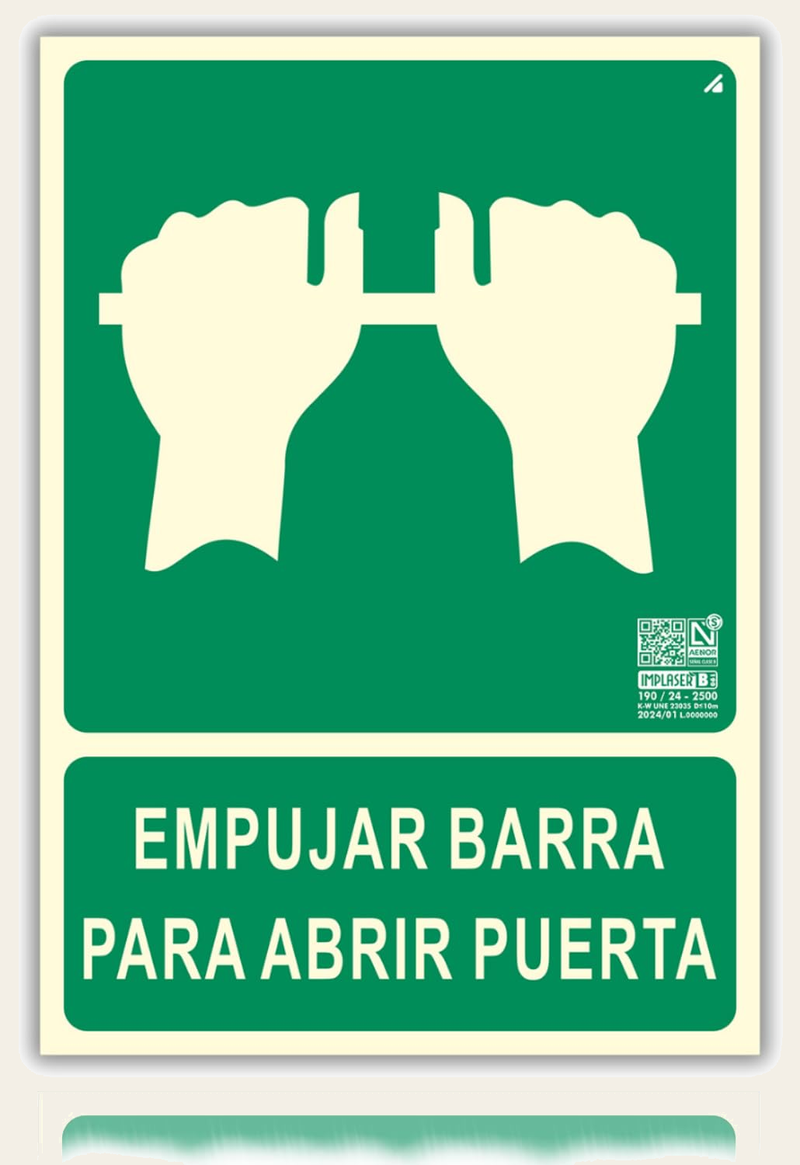 Señal Empujar Barra para Abrir Homologada de pvc fotoluminiscente, 32x16 cm
